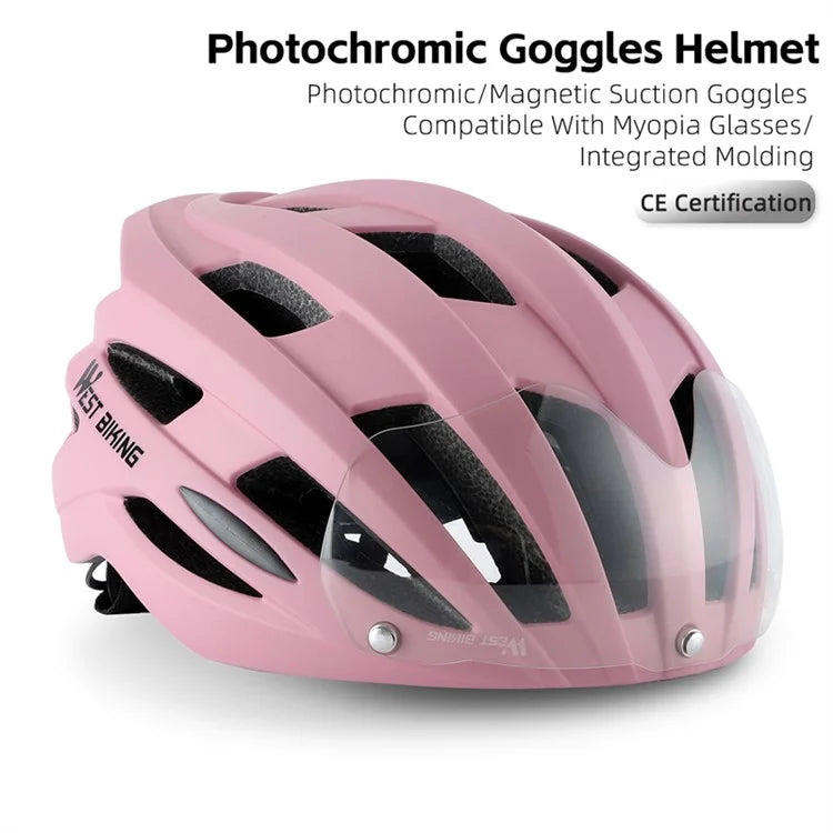 WEST BIKING YP1602564 Photochromic Lens Detachable Goggles PC Shell Cycling Helmet with Tail Light