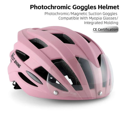 WEST BIKING YP1602564 Photochromic Lens Detachable Goggles PC Shell Cycling Helmet with Tail Light