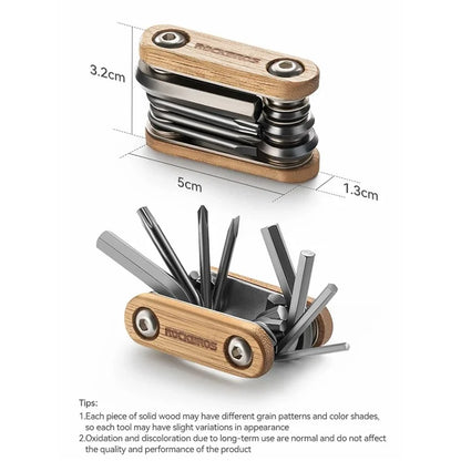 ROCKBROS Bike Multitool Bike Tool Kit 8 in 1 Steel Wood Bicycle Tool Survival Gear