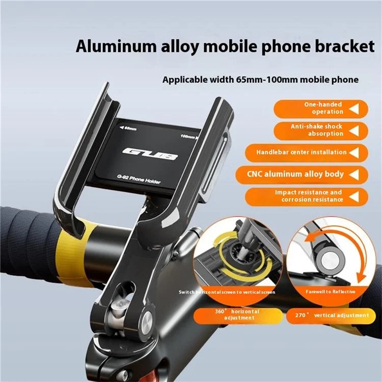 GUB G-92 Aluminum Alloy Bicycle Phone Bracket Shockproof Rotatable Phone Holder Mount for 4.2-7.2 Inch 65mm-100mm Wide Phones