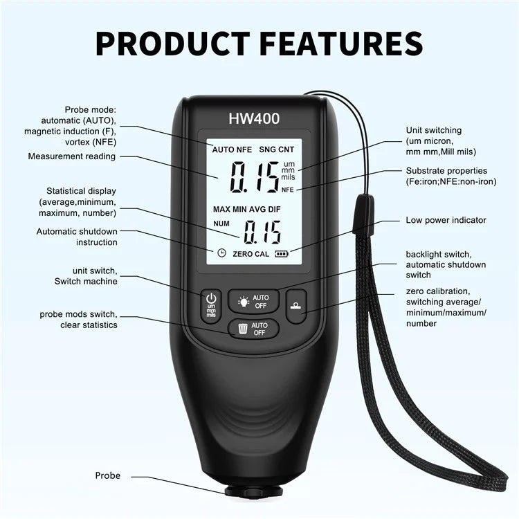 HW400 Automobile Thickness Gauge Car Paint Tester Thickness Coating Measuring Tool