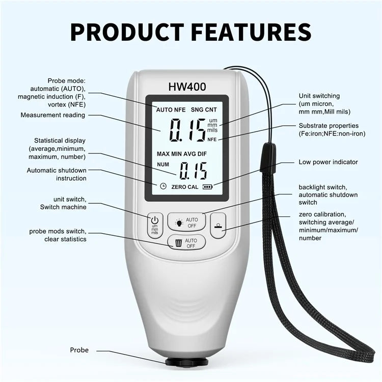 HW400 Automobile Thickness Gauge Car Paint Tester Thickness Coating Measuring Tool