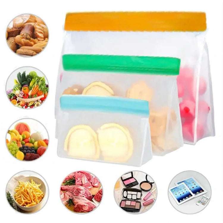 3Pcs / Set S+M+L Kitchen Refrigerator Storage Bag PEVA Food Fresh-Keeping Sealing Pouch (BPA-Free, No FDA Certified)