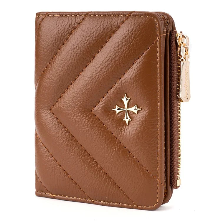 BAELLERRY N2401 PU Leather Women Short Wallet Cross Decoration Zipper Pocket Coin Purse