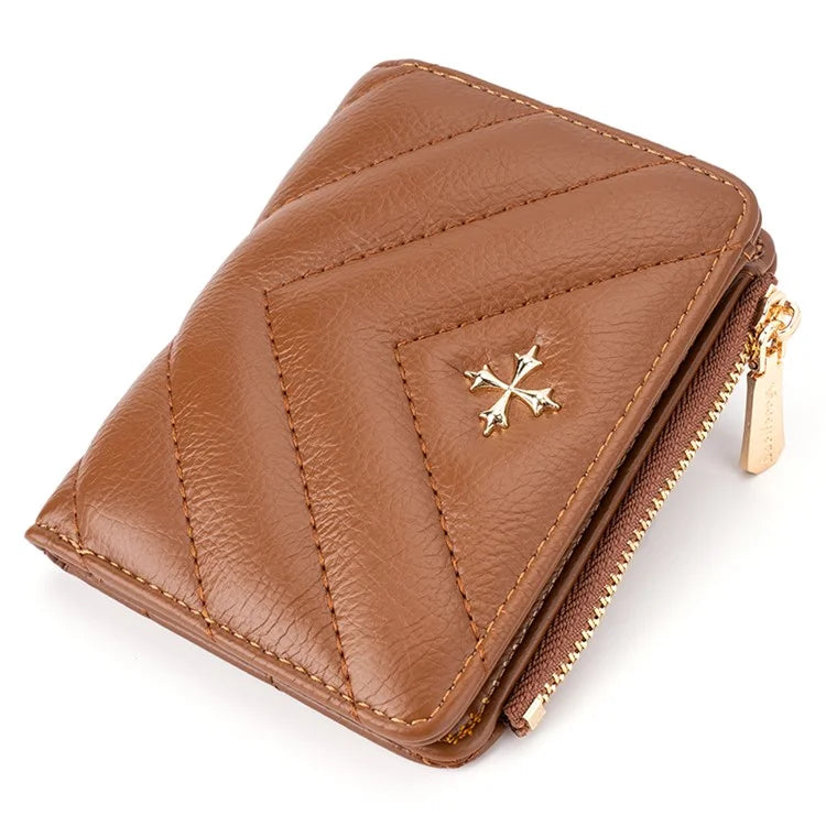 BAELLERRY N2401 PU Leather Women Short Wallet Cross Decoration Zipper Pocket Coin Purse