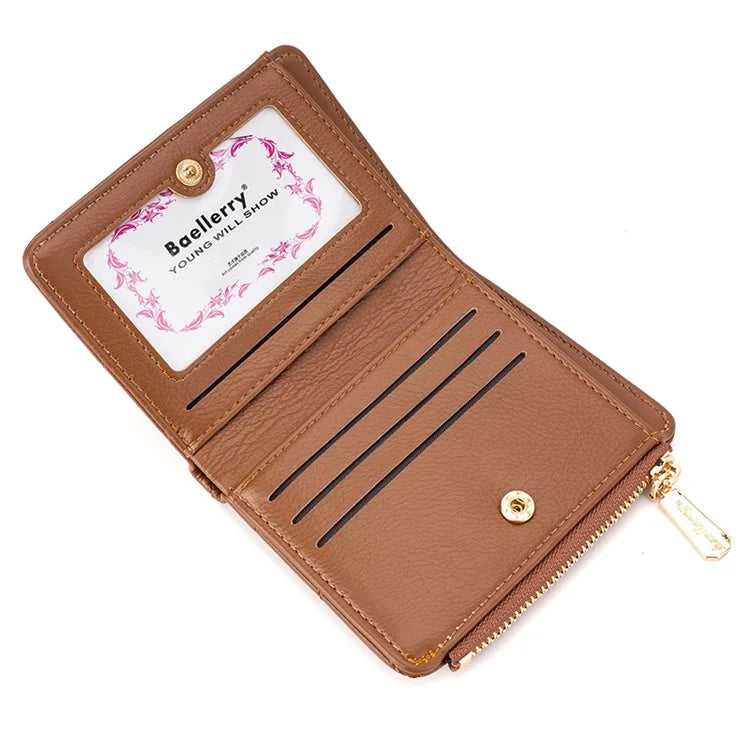 BAELLERRY N2401 PU Leather Women Short Wallet Cross Decoration Zipper Pocket Coin Purse