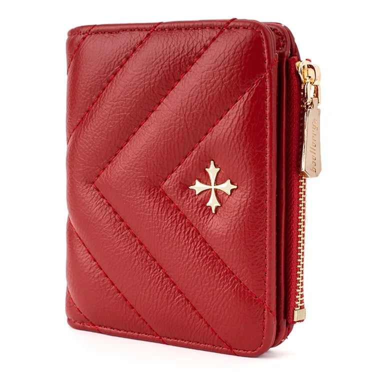 BAELLERRY N2401 PU Leather Women Short Wallet Cross Decoration Zipper Pocket Coin Purse