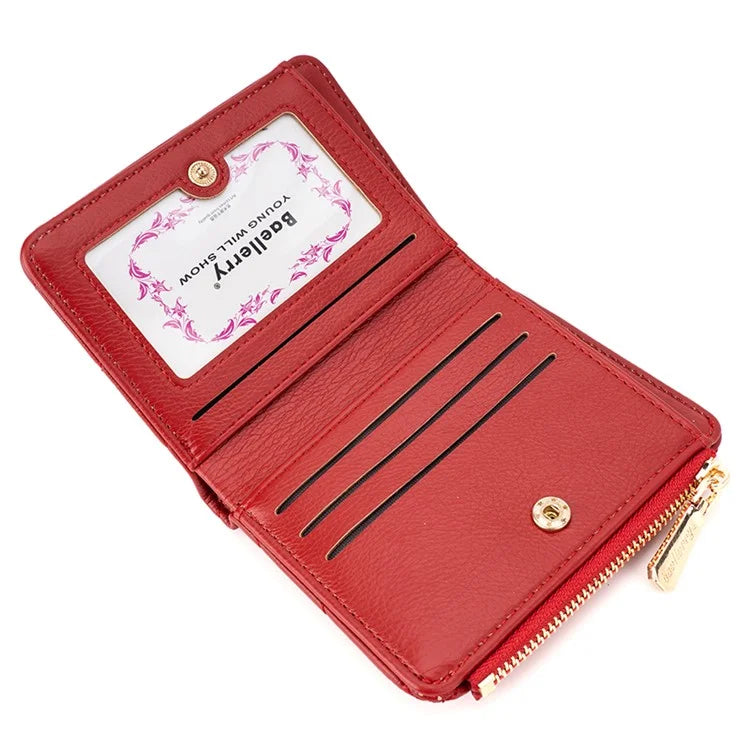 BAELLERRY N2401 PU Leather Women Short Wallet Cross Decoration Zipper Pocket Coin Purse