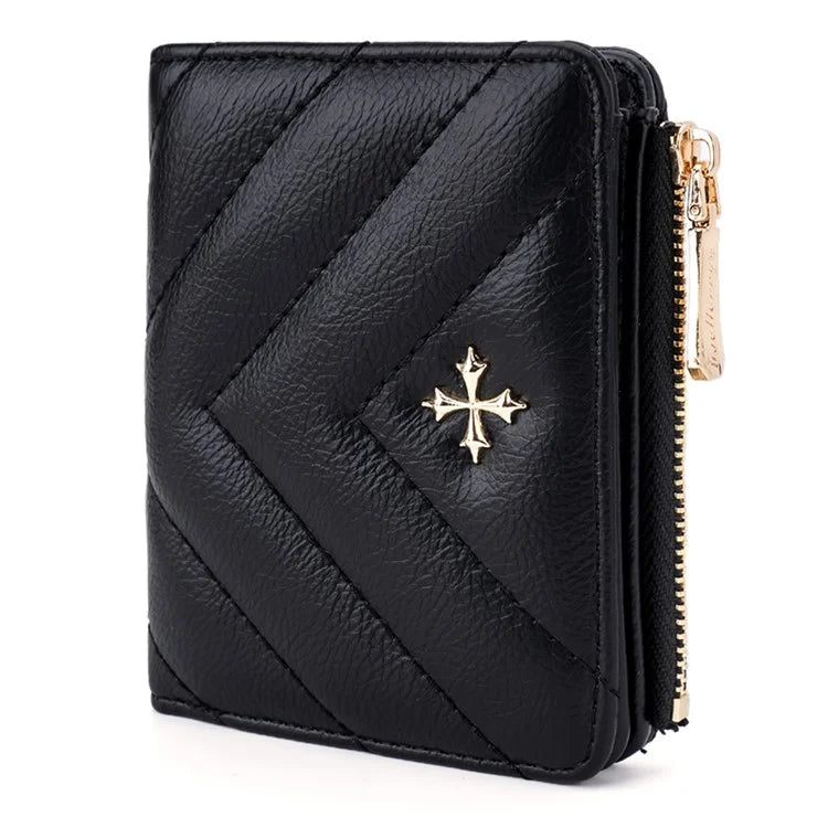BAELLERRY N2401 PU Leather Women Short Wallet Cross Decoration Zipper Pocket Coin Purse
