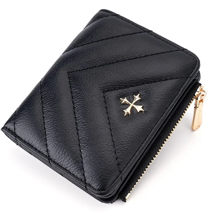 BAELLERRY N2401 PU Leather Women Short Wallet Cross Decoration Zipper Pocket Coin Purse