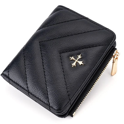 BAELLERRY N2401 PU Leather Women Short Wallet Cross Decoration Zipper Pocket Coin Purse