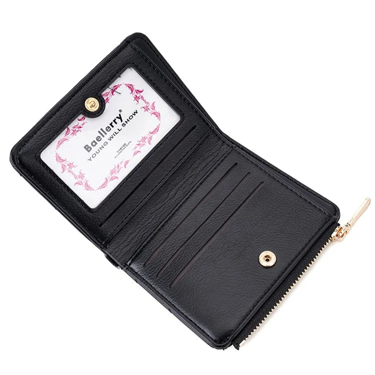 BAELLERRY N2401 PU Leather Women Short Wallet Cross Decoration Zipper Pocket Coin Purse