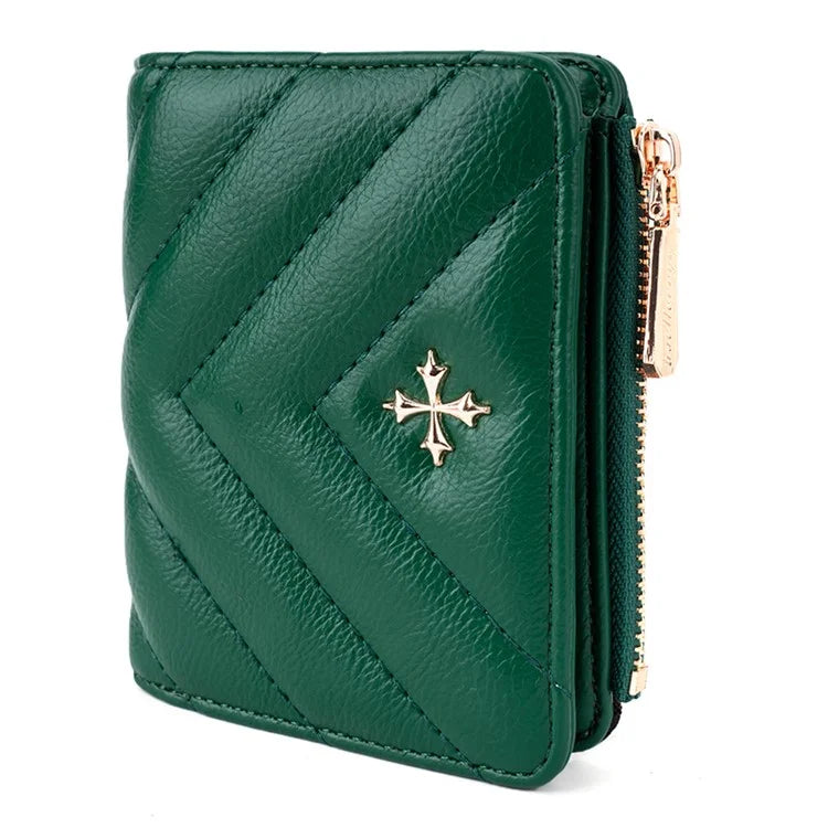 BAELLERRY N2401 PU Leather Women Short Wallet Cross Decoration Zipper Pocket Coin Purse