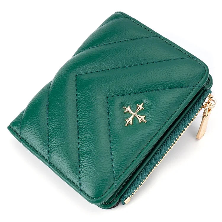 BAELLERRY N2401 PU Leather Women Short Wallet Cross Decoration Zipper Pocket Coin Purse
