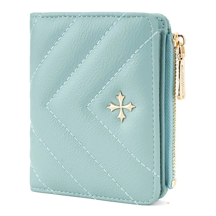 BAELLERRY N2401 PU Leather Women Short Wallet Cross Decoration Zipper Pocket Coin Purse