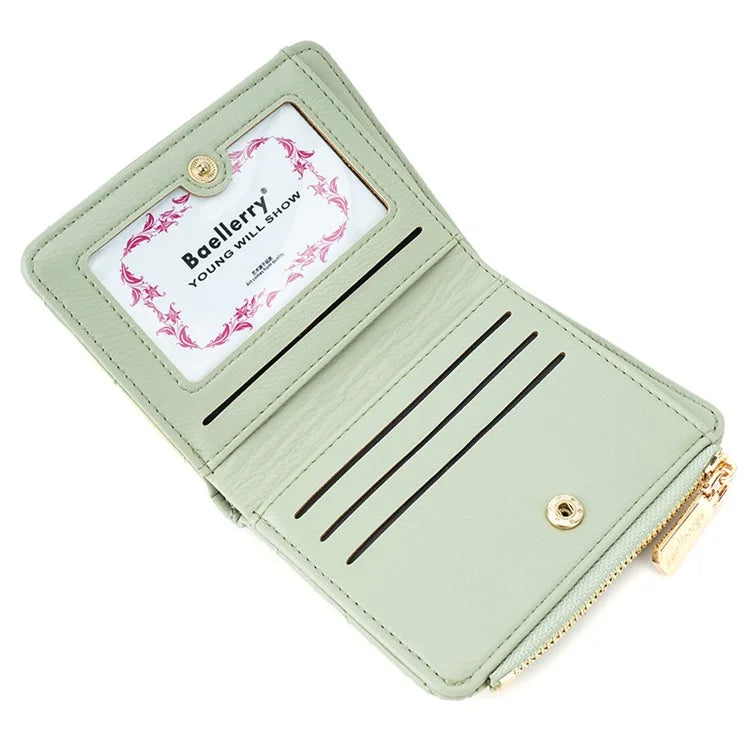BAELLERRY N2401 PU Leather Women Short Wallet Cross Decoration Zipper Pocket Coin Purse
