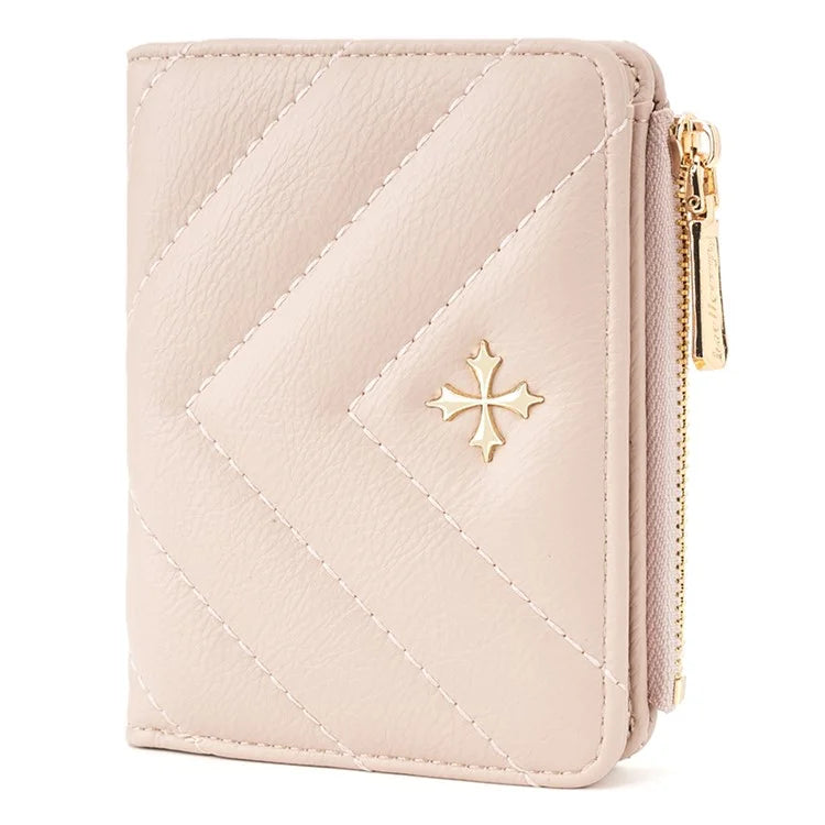 BAELLERRY N2401 PU Leather Women Short Wallet Cross Decoration Zipper Pocket Coin Purse