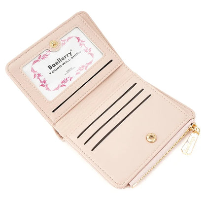 BAELLERRY N2401 PU Leather Women Short Wallet Cross Decoration Zipper Pocket Coin Purse