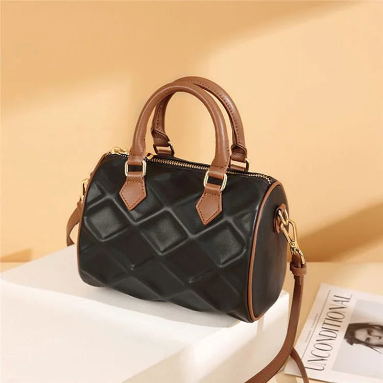 CKZC2218 Cowhide + PU Leather Rhombus Grid Women Handbag Stylish Crossbody Bag