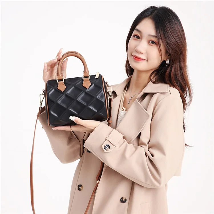 CKZC2218 Cowhide + PU Leather Rhombus Grid Women Handbag Stylish Crossbody Bag