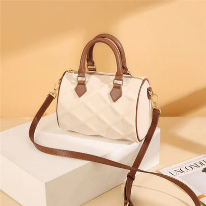 CKZC2218 Cowhide + PU Leather Rhombus Grid Women Handbag Stylish Crossbody Bag