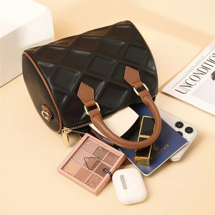 CKZC2218 Cowhide + PU Leather Rhombus Grid Women Handbag Stylish Crossbody Bag