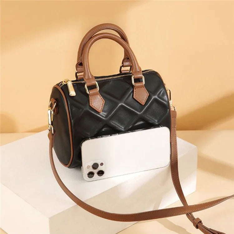 CKZC2218 Cowhide + PU Leather Rhombus Grid Women Handbag Stylish Crossbody Bag