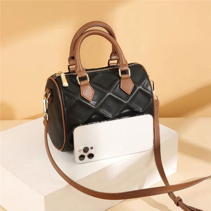 CKZC2218 Cowhide + PU Leather Rhombus Grid Women Handbag Stylish Crossbody Bag