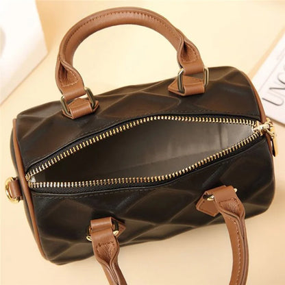 CKZC2218 Cowhide + PU Leather Rhombus Grid Women Handbag Stylish Crossbody Bag