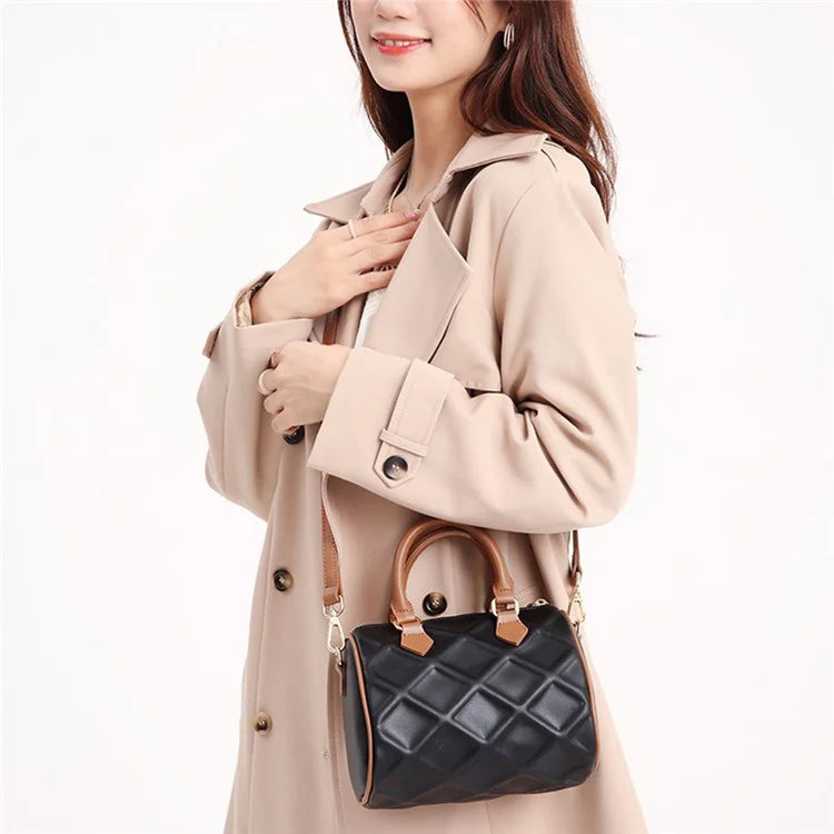 CKZC2218 Cowhide + PU Leather Rhombus Grid Women Handbag Stylish Crossbody Bag