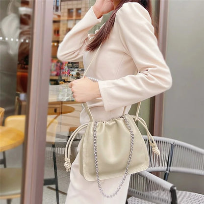 CKZC2203 Women's Drawstring PU+Cowhide Leather Crossbody Bag Girl's Chain Strap Shoulder Bag