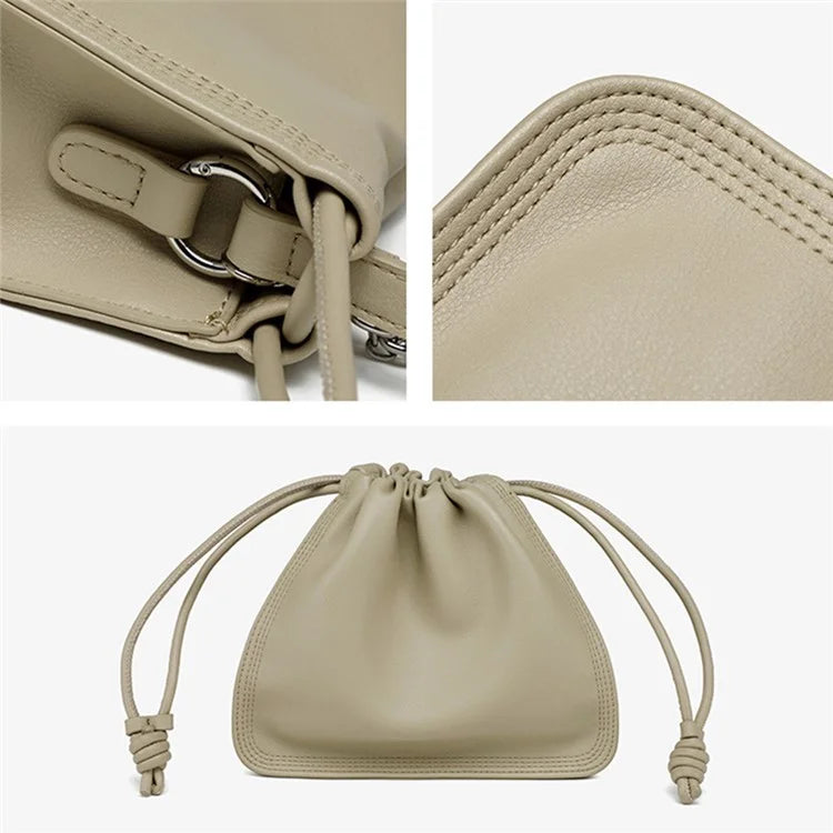 CKZC2203 Women's Drawstring PU+Cowhide Leather Crossbody Bag Girl's Chain Strap Shoulder Bag