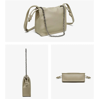 CKZC2203 Women's Drawstring PU+Cowhide Leather Crossbody Bag Girl's Chain Strap Shoulder Bag