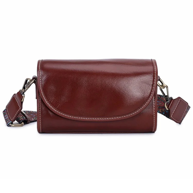 9636 Solid Color Flap Cover Women Cowhide Leather Square Crossbody Bag with 2 Shoulder Straps