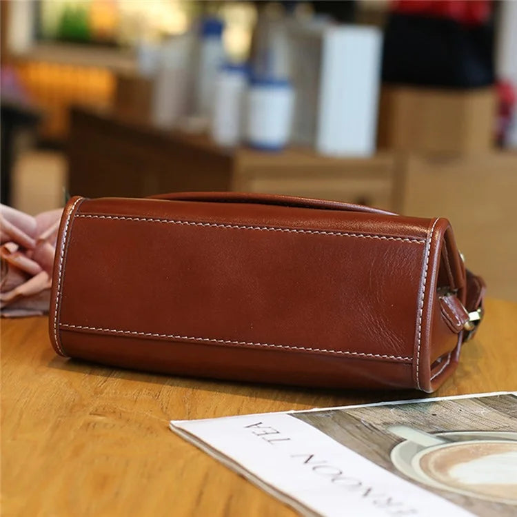 9636 Solid Color Flap Cover Women Cowhide Leather Square Crossbody Bag with 2 Shoulder Straps