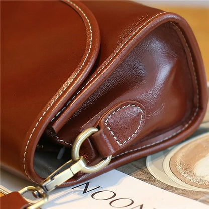 9636 Solid Color Flap Cover Women Cowhide Leather Square Crossbody Bag with 2 Shoulder Straps
