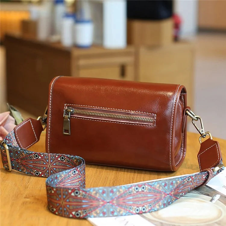 9636 Solid Color Flap Cover Women Cowhide Leather Square Crossbody Bag with 2 Shoulder Straps