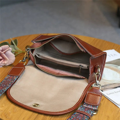 9636 Solid Color Flap Cover Women Cowhide Leather Square Crossbody Bag with 2 Shoulder Straps