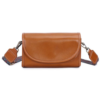 9636 Solid Color Flap Cover Women Cowhide Leather Square Crossbody Bag with 2 Shoulder Straps