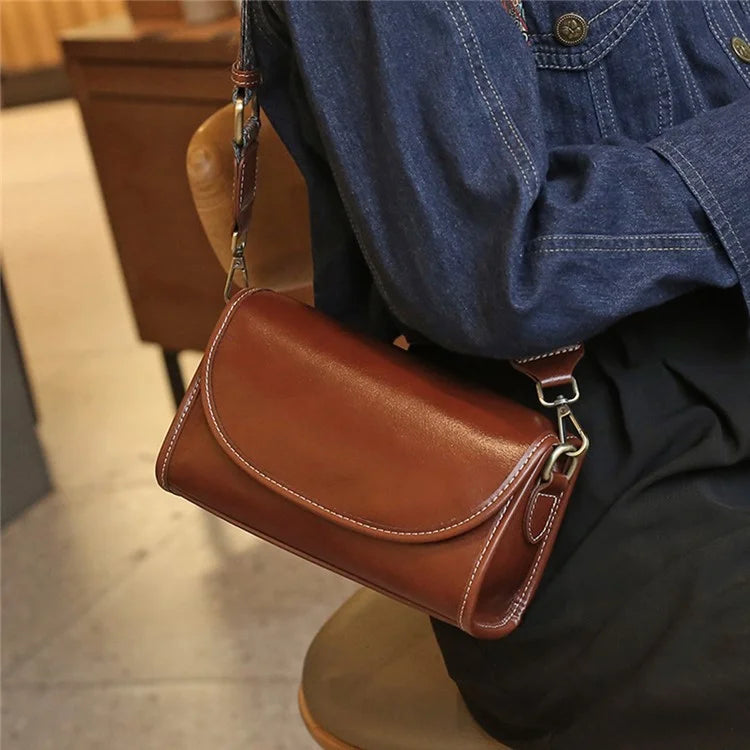 9636 Solid Color Flap Cover Women Cowhide Leather Square Crossbody Bag with 2 Shoulder Straps