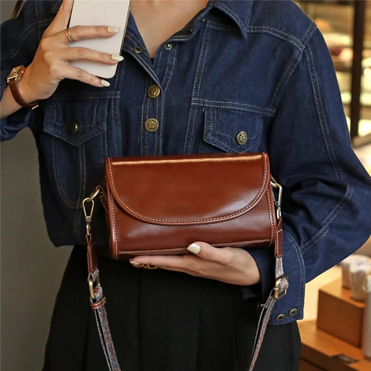 9636 Solid Color Flap Cover Women Cowhide Leather Square Crossbody Bag with 2 Shoulder Straps