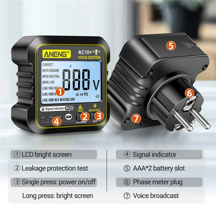 ANENG AC10+ Socket Tester Plug Detector Voice Broadcast Phase Detector Multimeter Digital Tester