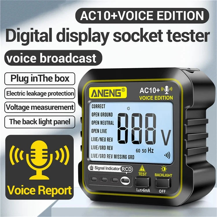 ANENG AC10+ Socket Tester Plug Detector Voice Broadcast Phase Detector Multimeter Digital Tester