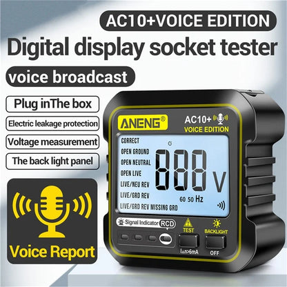 ANENG AC10+ Socket Tester Plug Detector Voice Broadcast Phase Detector Multimeter Digital Tester