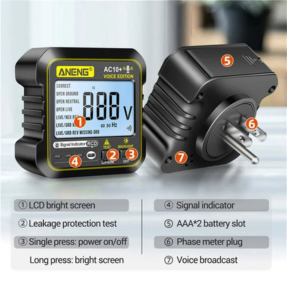 ANENG AC10+ Socket Tester Plug Detector Voice Broadcast Phase Detector Multimeter Digital Tester