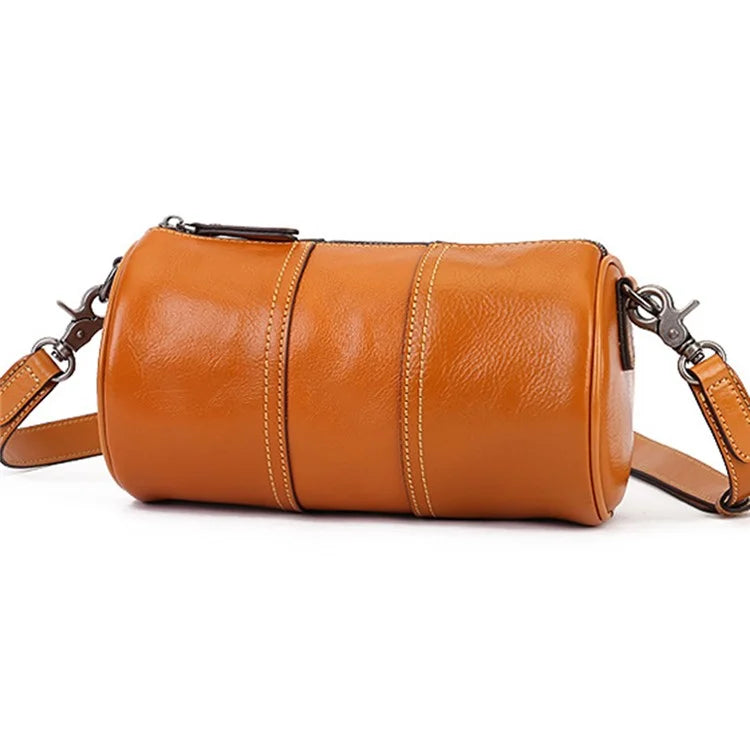 1-511 Cylinder Shape Cowhide Leather Crossbody Bag Women Travel Shoulder Bag