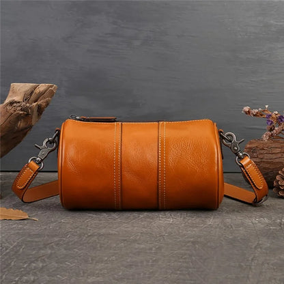 1-511 Cylinder Shape Cowhide Leather Crossbody Bag Women Travel Shoulder Bag