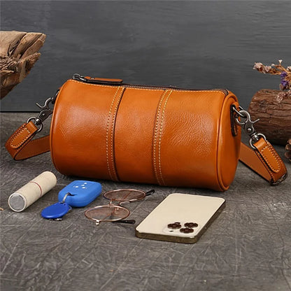 1-511 Cylinder Shape Cowhide Leather Crossbody Bag Women Travel Shoulder Bag
