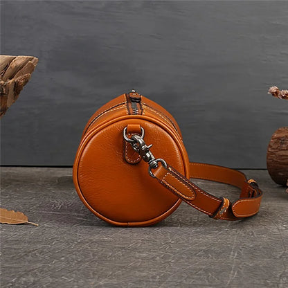 1-511 Cylinder Shape Cowhide Leather Crossbody Bag Women Travel Shoulder Bag