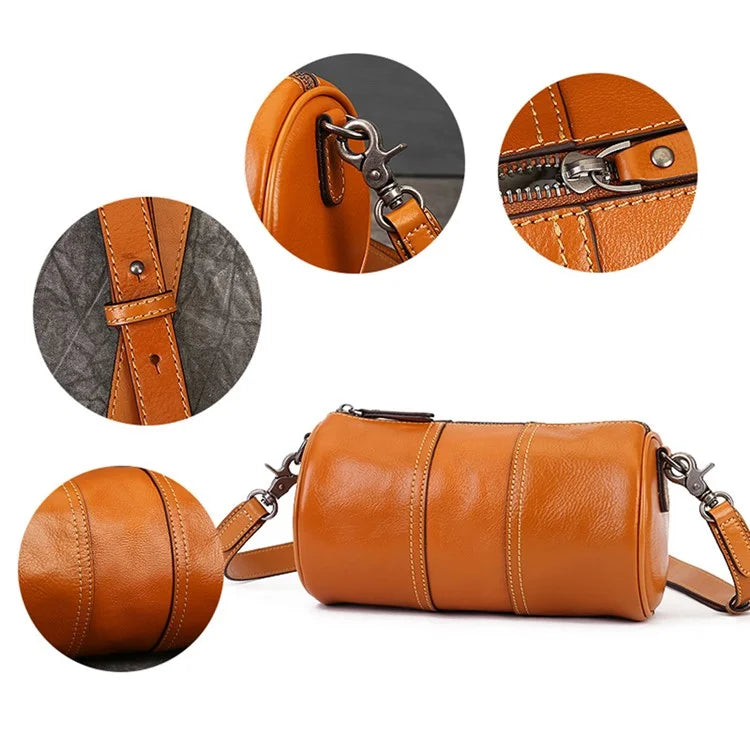 1-511 Cylinder Shape Cowhide Leather Crossbody Bag Women Travel Shoulder Bag